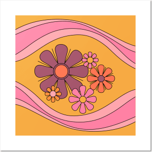 Floral Daydream Retro Flower Lined Pattern Pink Orange Yellow Posters and Art